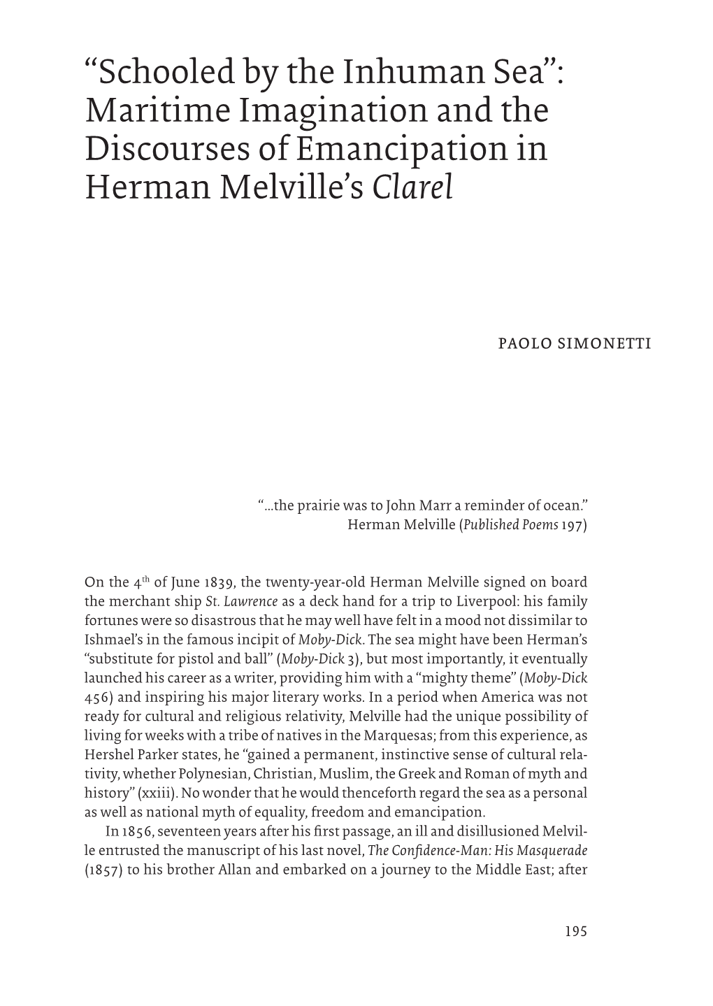 Maritime Imagination and the Discourses of Emancipation in Herman Melville’S Clarel