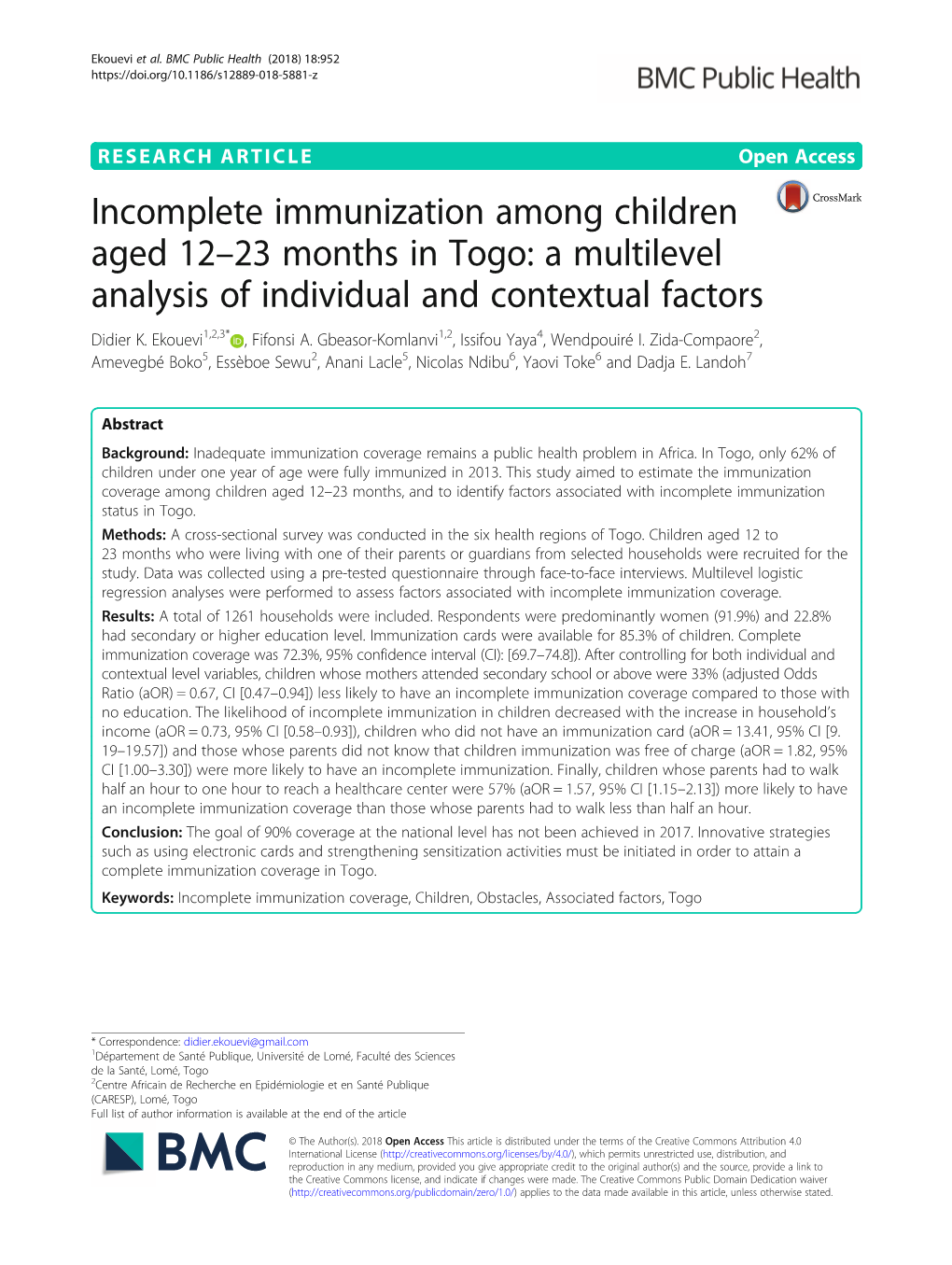 Incomplete Immunization Among Children Aged 12–23 Months in Togo: a Multilevel Analysis of Individual and Contextual Factors Didier K