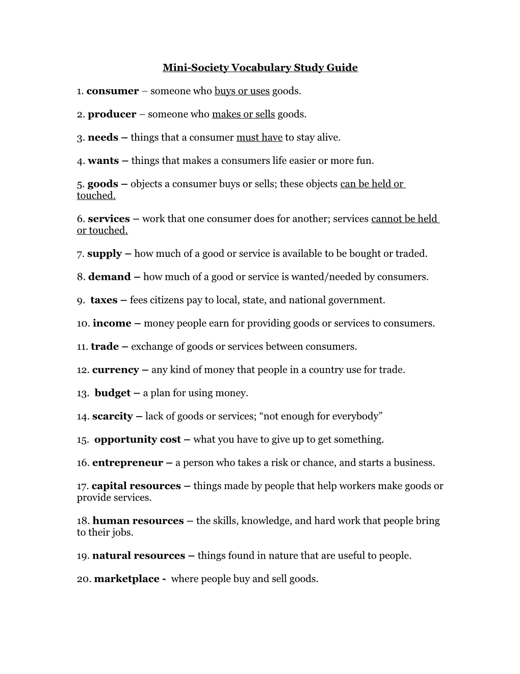 Mini-Society Vocabulary Study Guide- (Matching Quiz March 5Th)