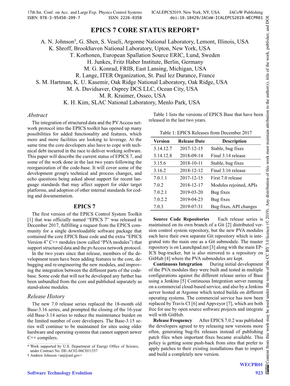 Epics 7 Core Status Report* A