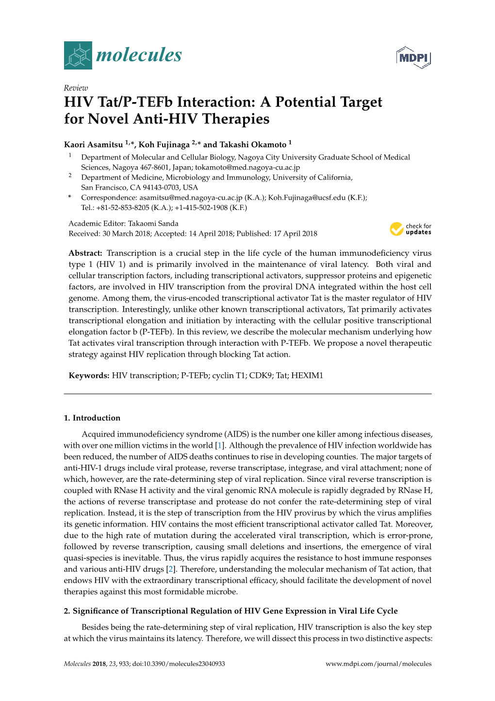 HIV Tat/P-Tefb Interaction: a Potential Target for Novel Anti-HIV Therapies