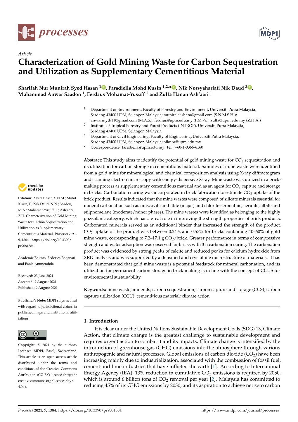 Characterization of Gold Mining Waste for Carbon Sequestration and Utilization As Supplementary Cementitious Material