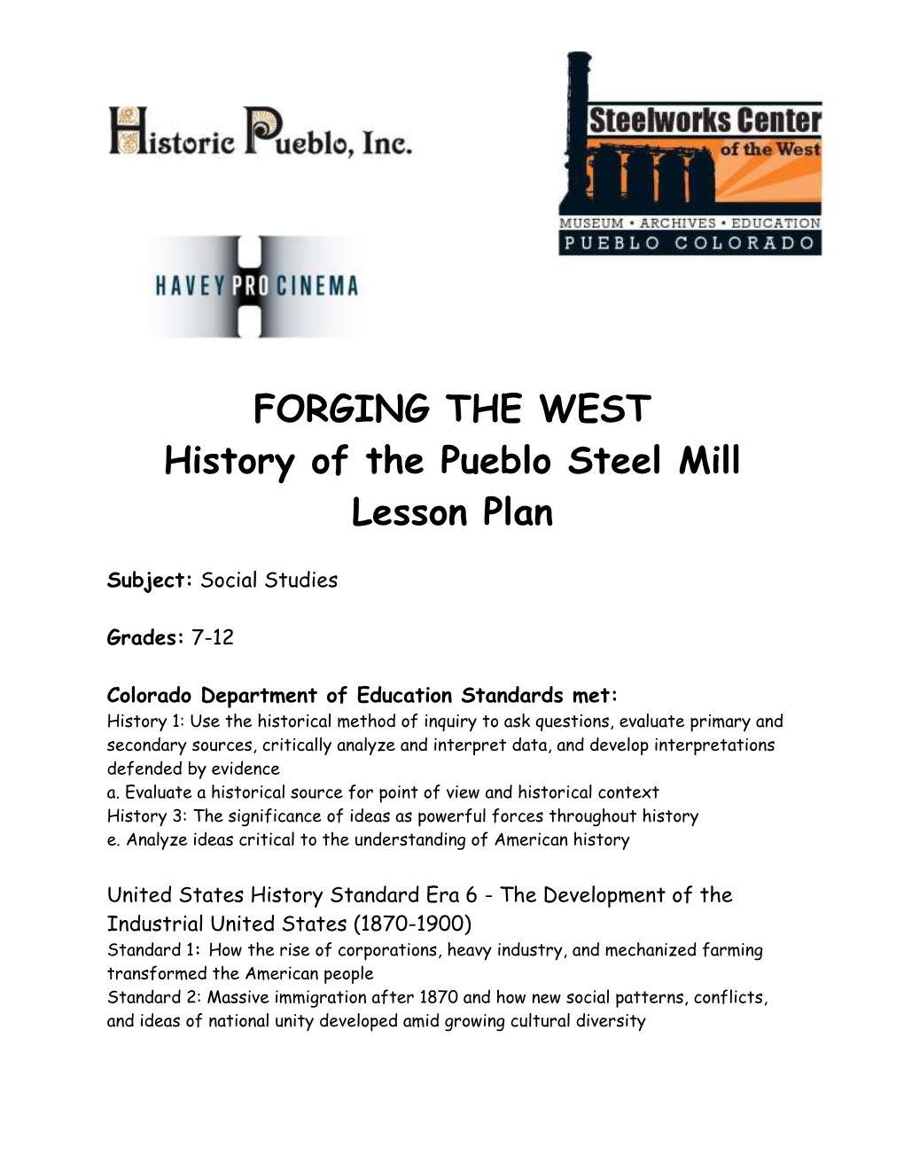 FORGING the WEST History of the Pueblo Steel Mill Lesson Plan