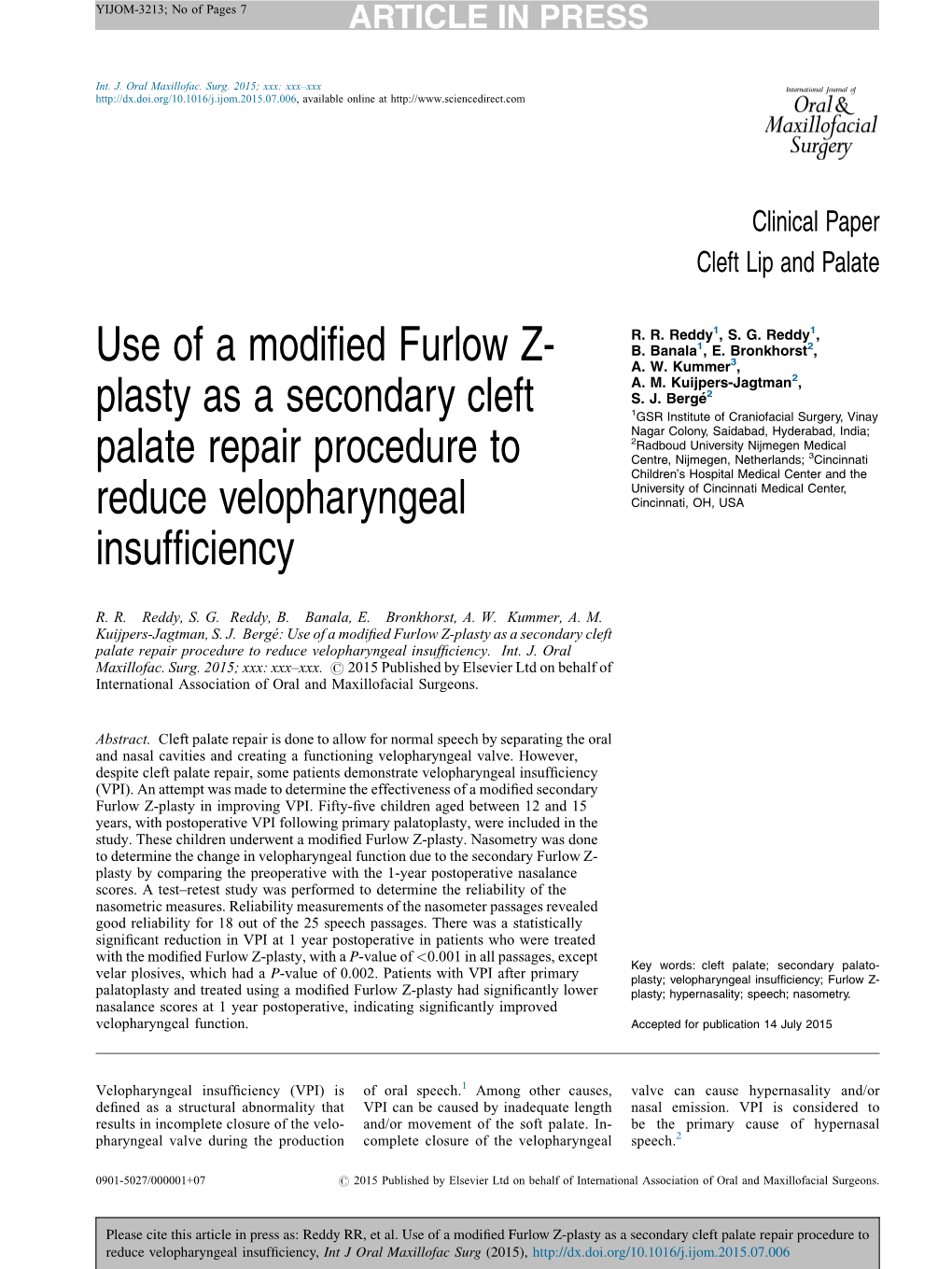 Use of a Modified Furlow Z-Plasty As a Secondary Cleft Palate Repair