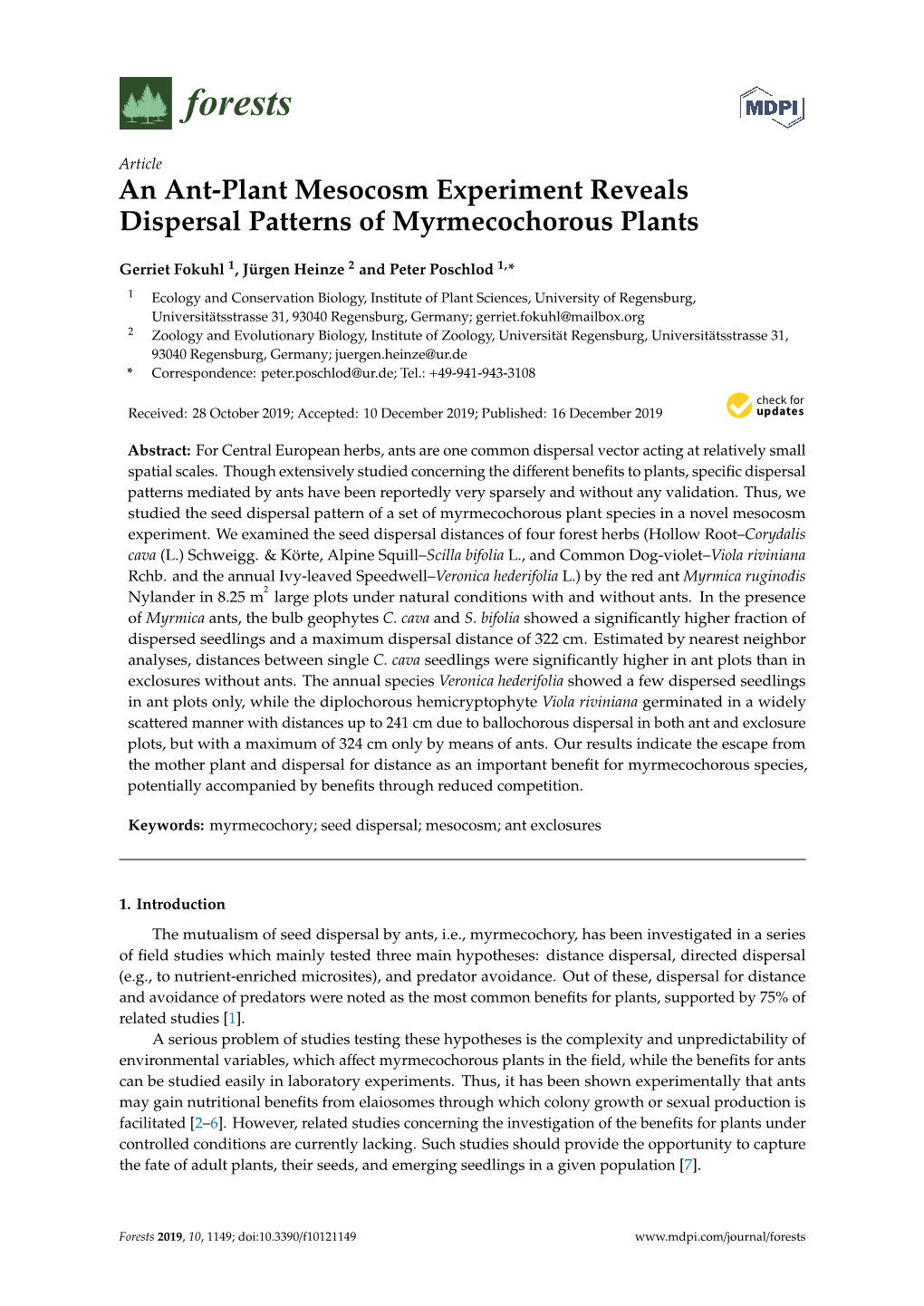 An Ant-Plant Mesocosm Experiment Reveals Dispersal Patterns of Myrmecochorous Plants