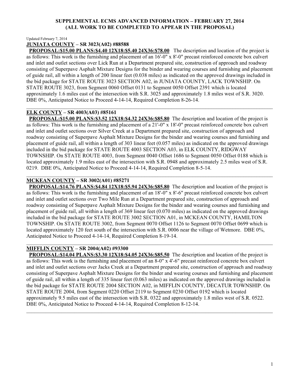 Supplemental Ecms Advanced Information – February 27, 2014 (All Work to Be Completed to Appear in the Proposal)