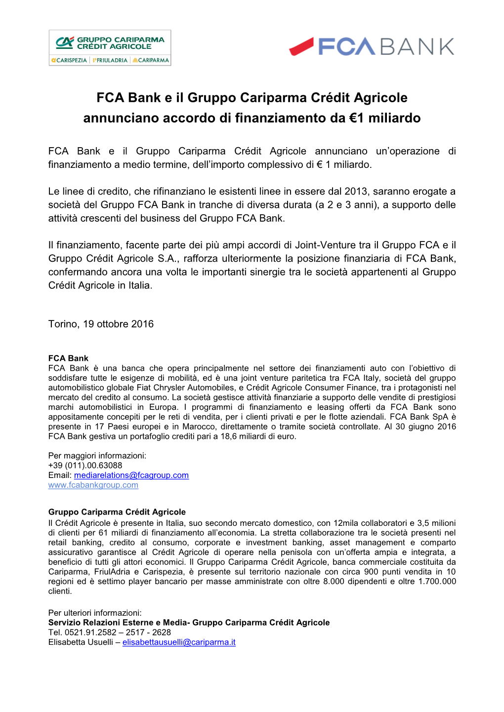 FCA Bank E Il Gruppo Cariparma Crédit Agricole Annunciano Accordo Di Finanziamento Da €1 Miliardo