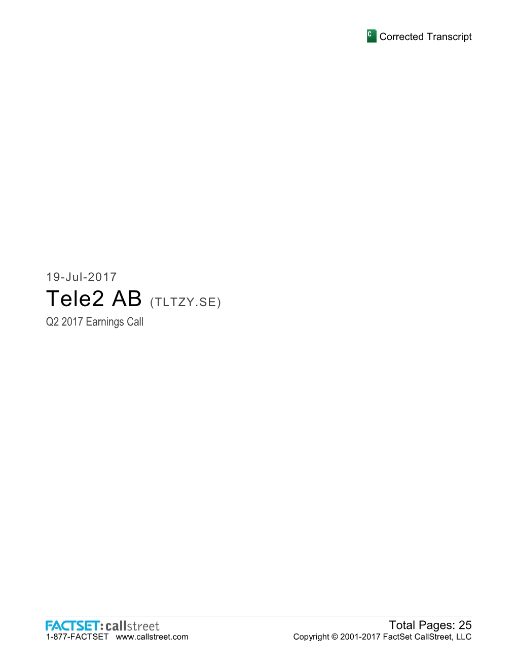 25 19-Jul-2017 Tele2 AB (TLTZY.SE)