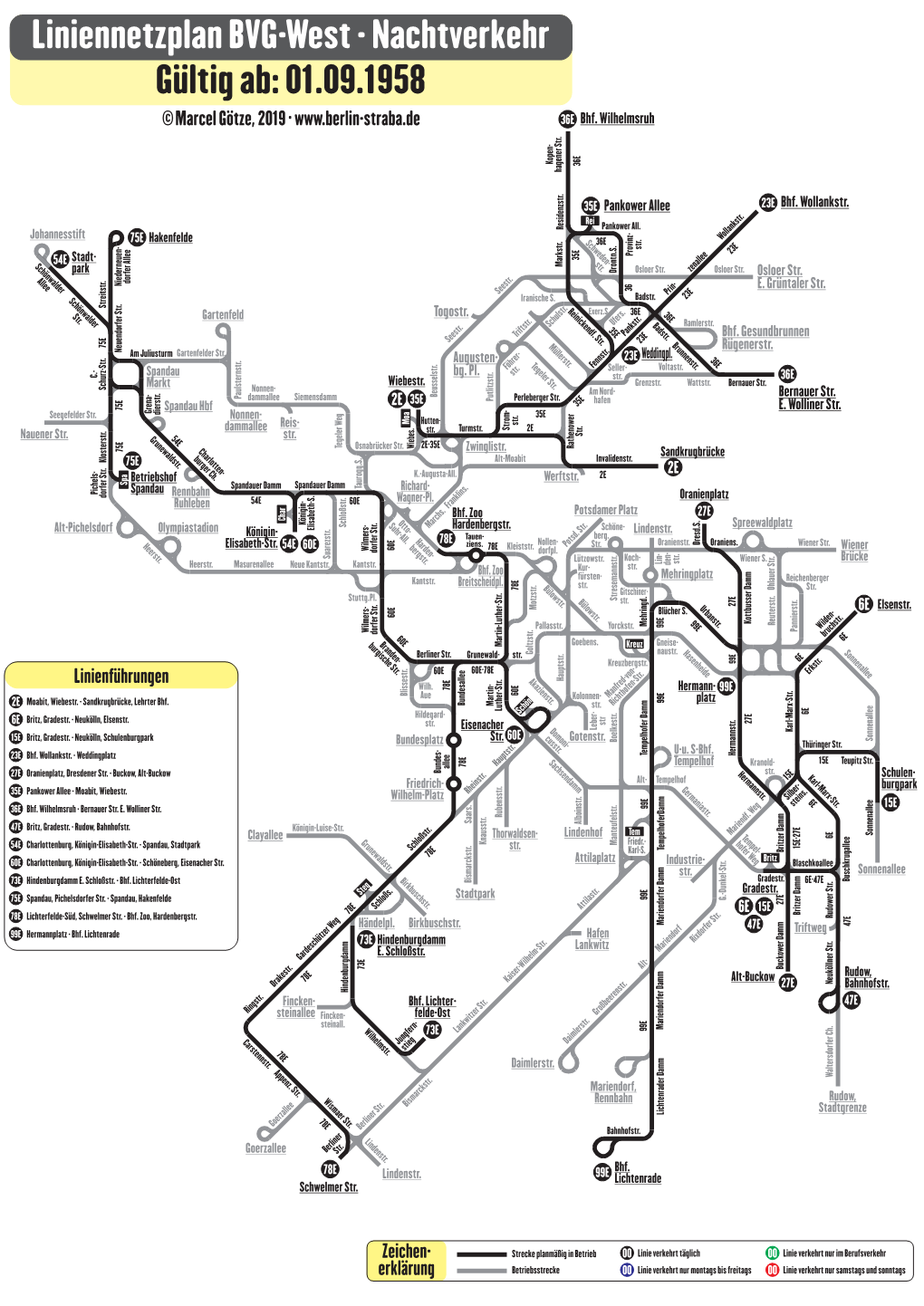 Liniennetzplan BVG-West - Nachtverkehr Gültig Ab: 01.09.1958 ©Marcel Götze, 2019 · 36E Bhf