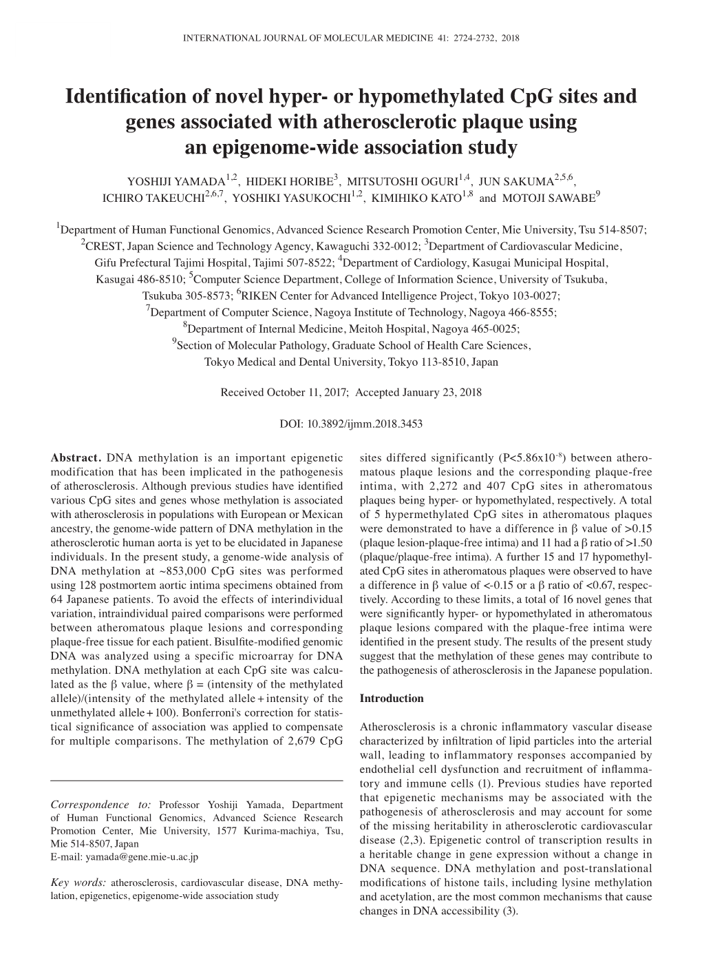 Or Hypomethylated Cpg Sites and Genes Associated with Atherosclerotic Plaque Using an Epigenome‑Wide Association Study