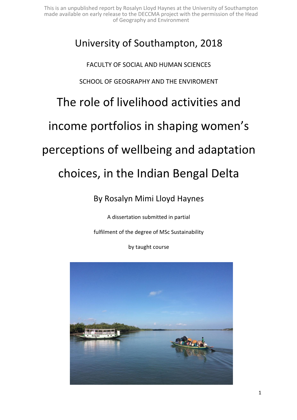 The Role of Livelihood Activities and Income Portfolios in Shaping Women’S Perceptions of Wellbeing and Adaptation Choices, in the Indian Bengal Delta