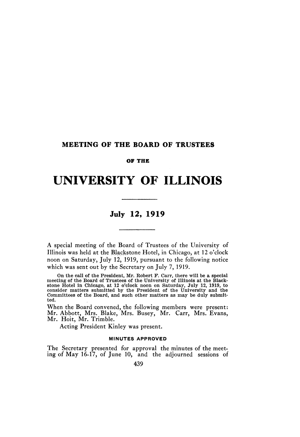 July 12, 1919, Minutes | UI Board of Trustees