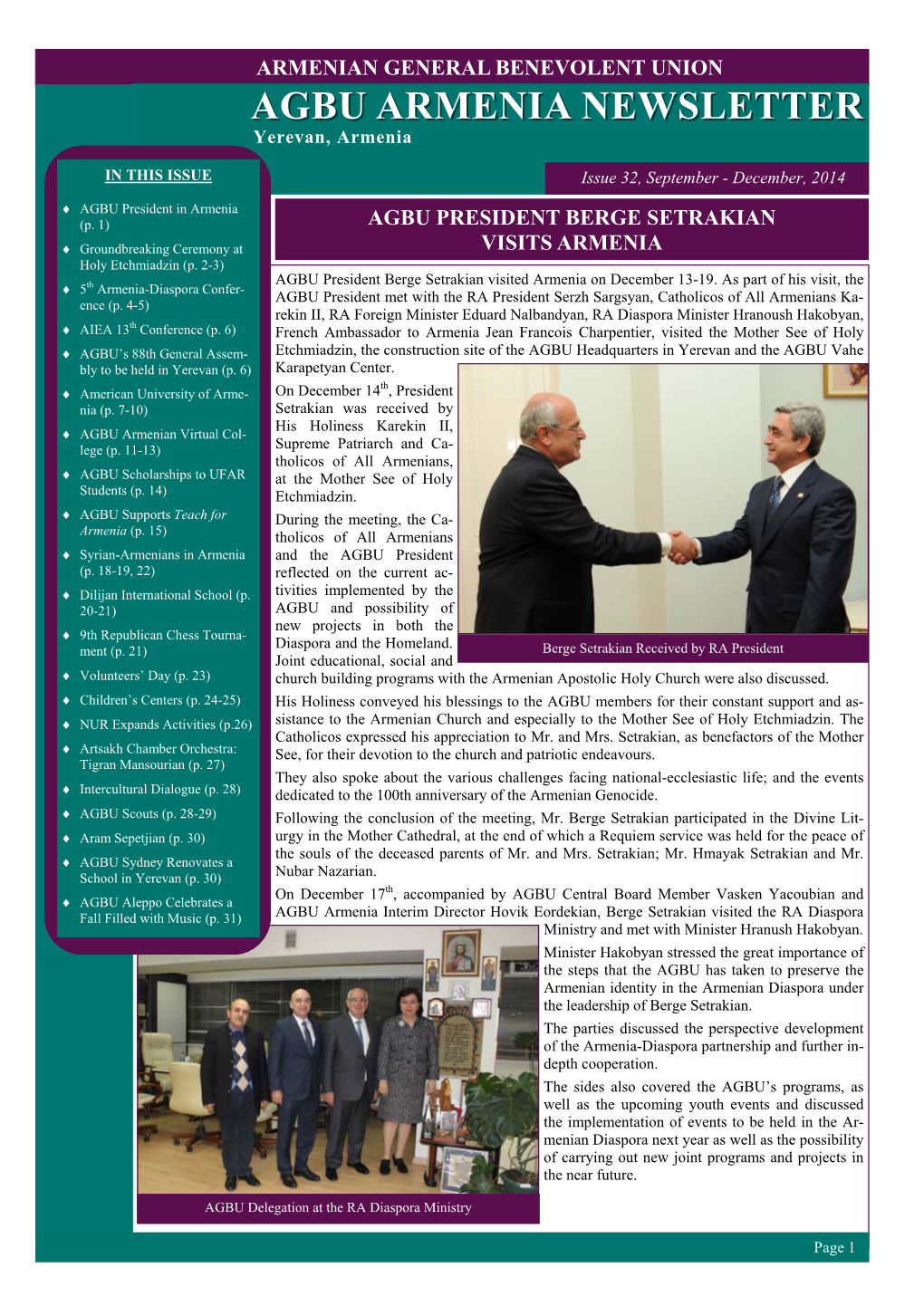 Agbu Armenia Newsletter Issue 32, September - December, 2014