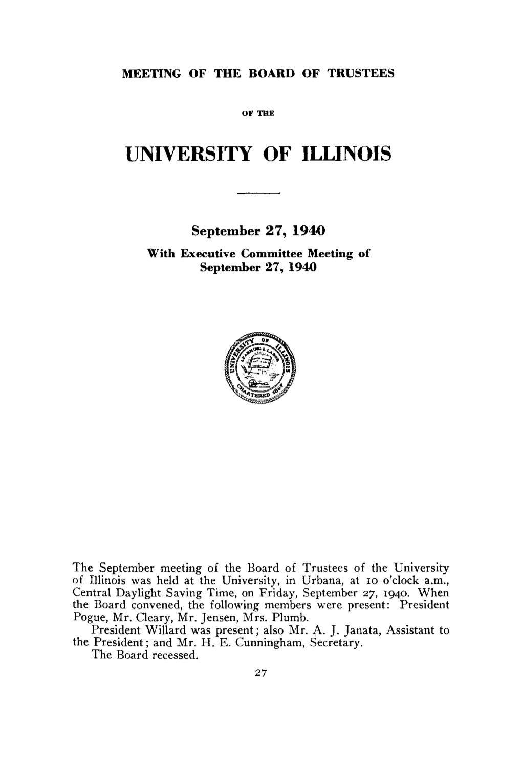 September 27, 1940, Minutes | UI Board of Trustees