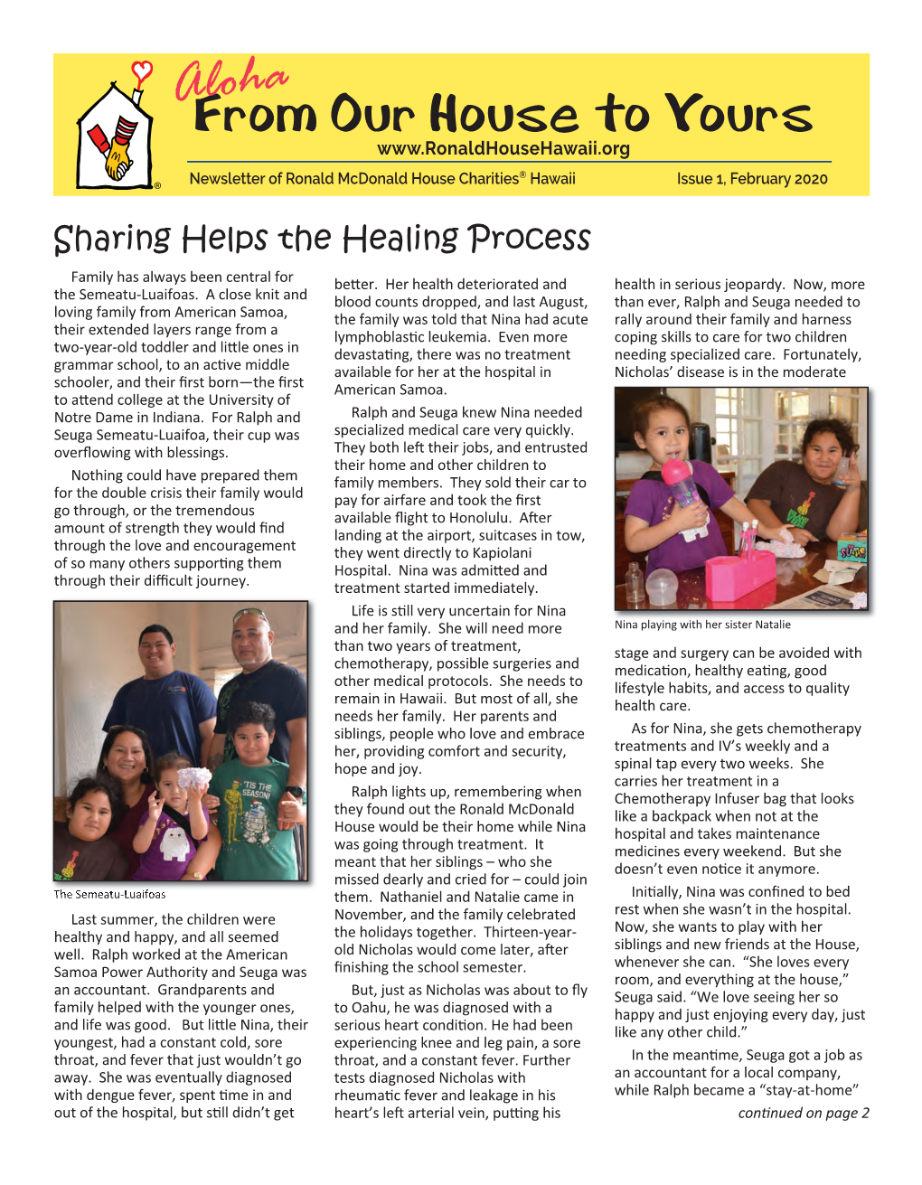 Aloha from Our House to Yours Newsletter of Ronald Mcdonald House Charities® Hawaii Issue 1, February 2020