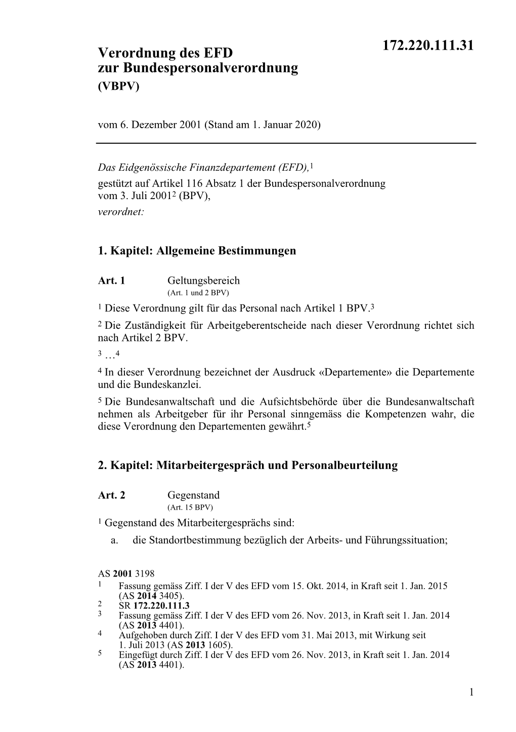 Verordnung Des EFD Zur Bundespersonalverordnung (VBPV) Vom 6