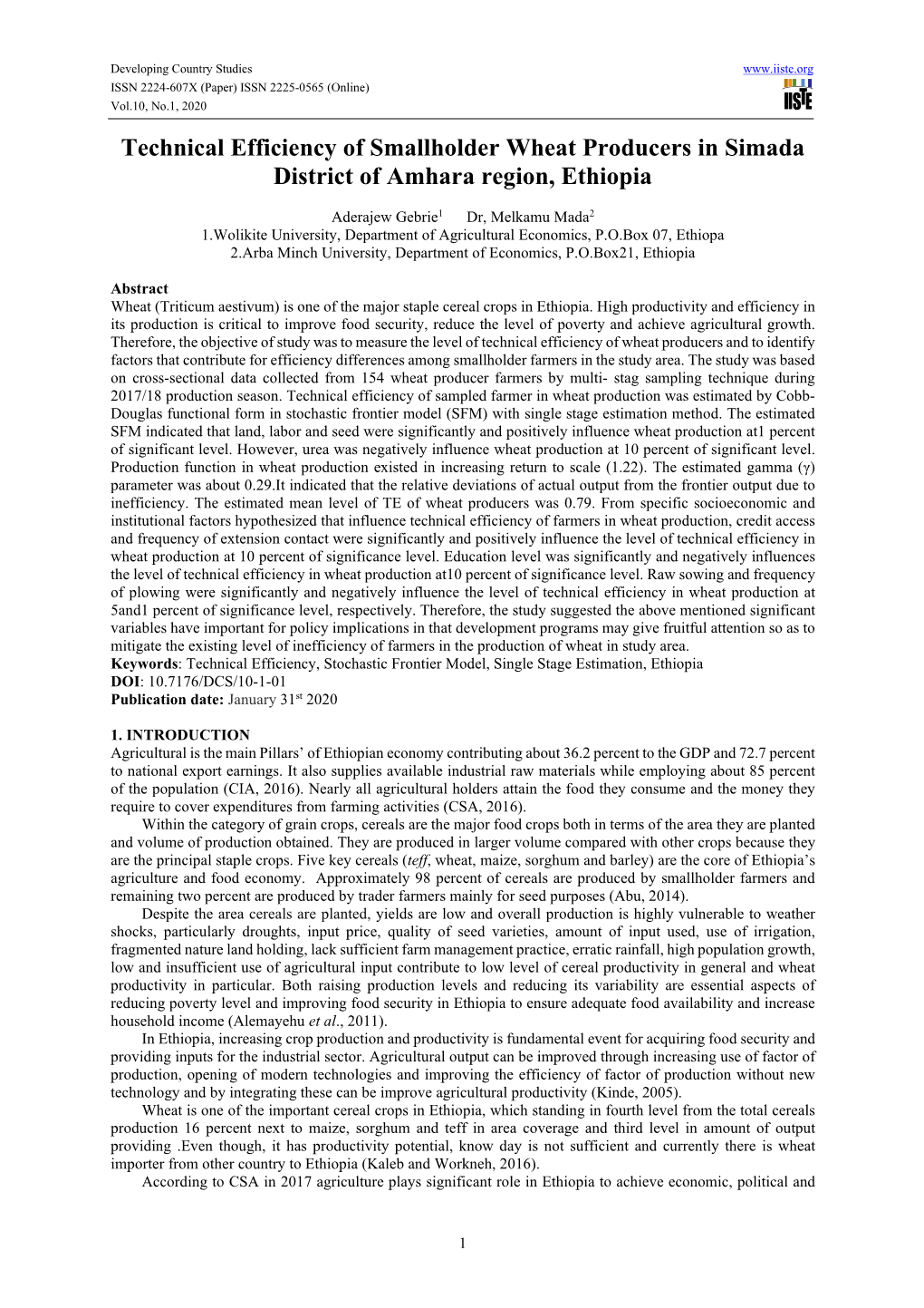 Technical Efficiency of Smallholder Wheat Producers in Simada District of Amhara Region, Ethiopia