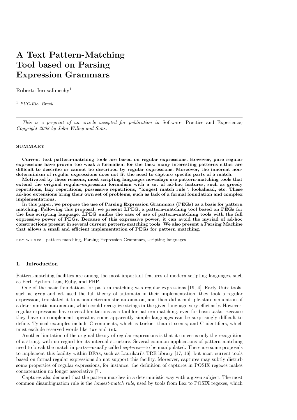 A Text Pattern-Matching Tool Based on Parsing Expression Grammars