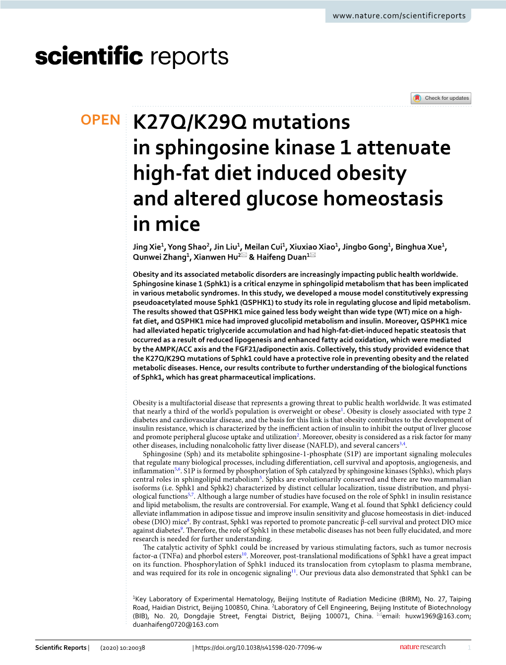 K27Q/K29Q Mutations in Sphingosine Kinase 1 Attenuate High-Fat Diet