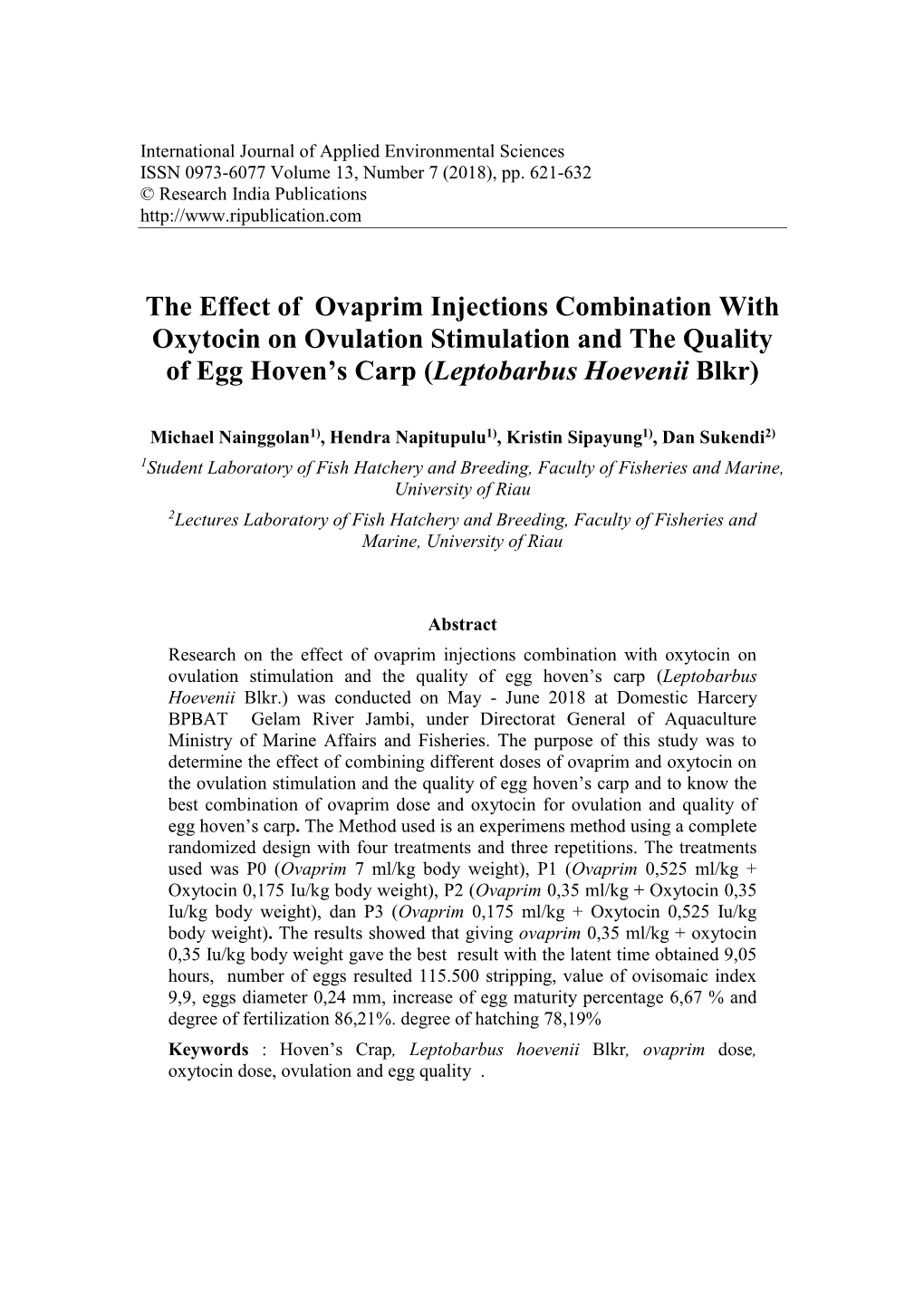 The Effect of Ovaprim Injections Combination with Oxytocin on Ovulation Stimulation and the Quality of Egg Hoven’S Carp (Leptobarbus Hoevenii Blkr)