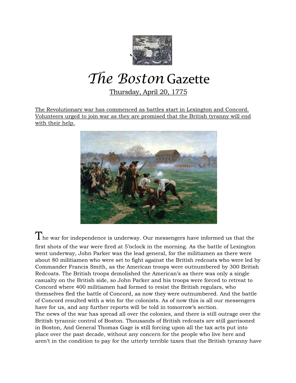 ` the Boston Gazette Thursday, April 20, 1775