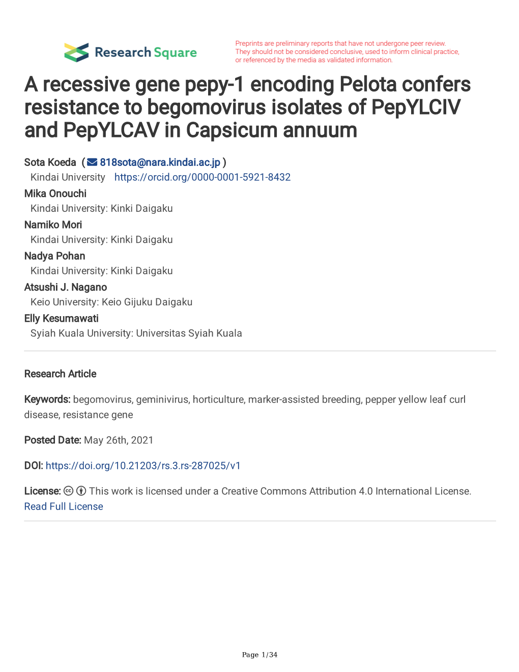 A Recessive Gene Pepy-1 Encoding Pelota Confers Resistance to Begomovirus Isolates of Pepylciv and Pepylcav in Capsicum Annuum