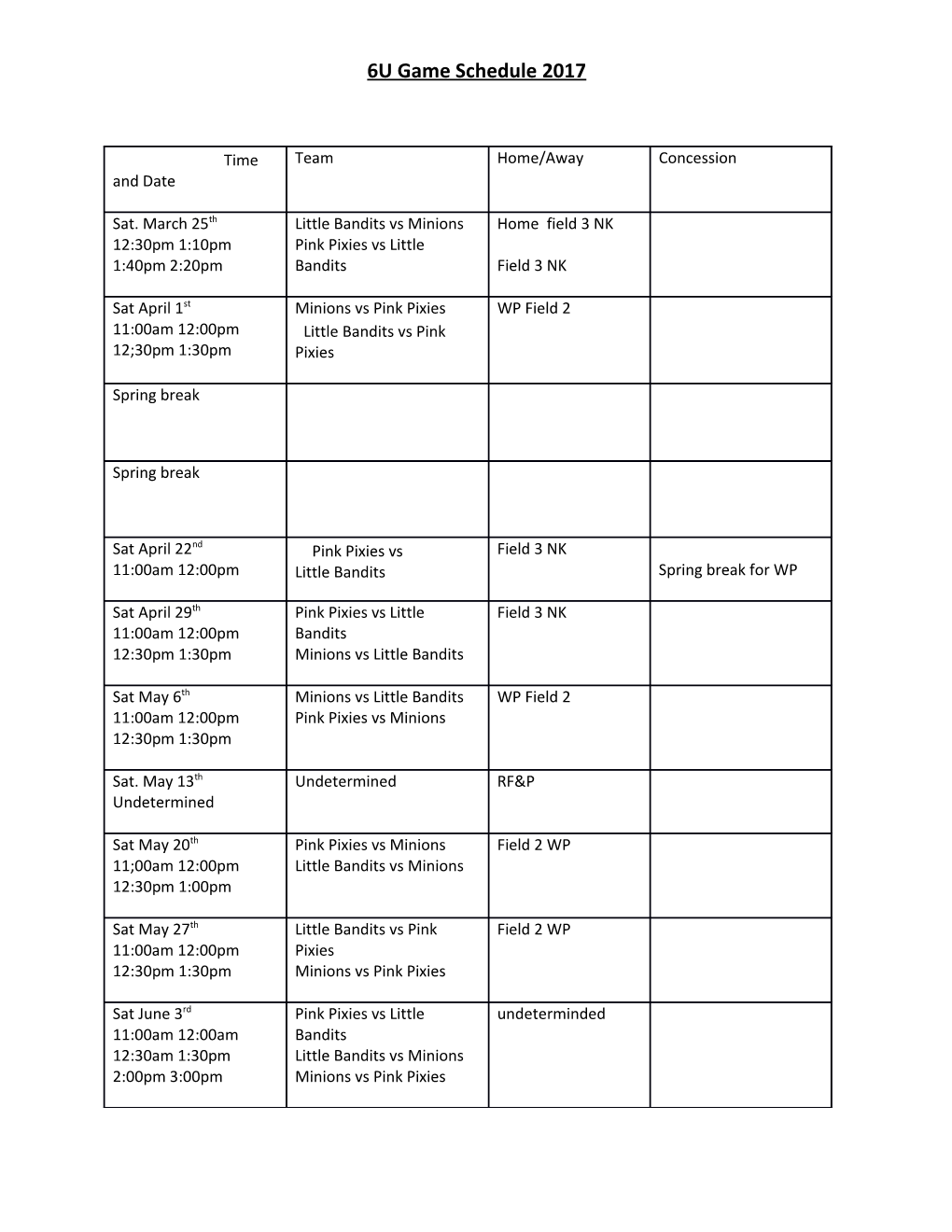 6U Game Schedule 2017