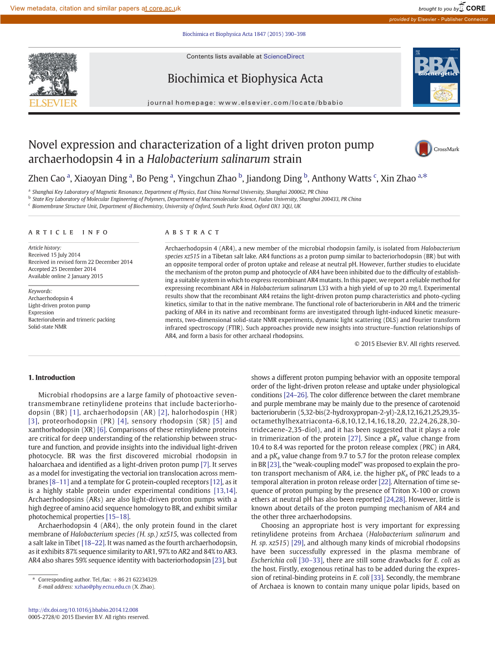 Novel Expression and Characterization of a Light Driven Proton Pump Archaerhodopsin 4 in a Halobacterium Salinarum Strain