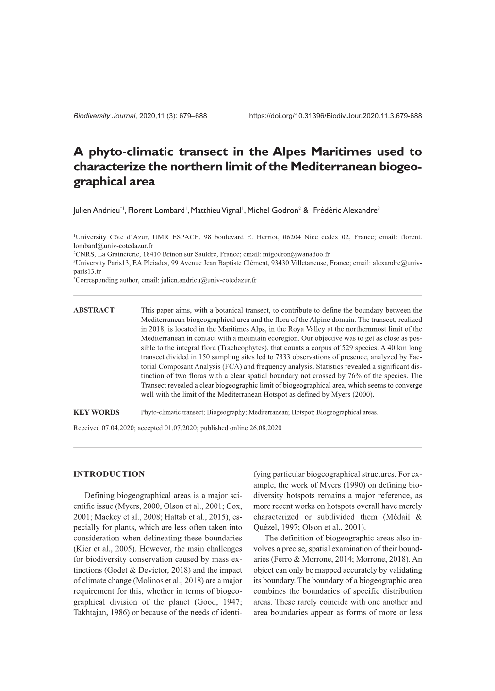 A Phyto-Climatic Transect in the Alpes Maritimes Used to Characterize the Northern Limit of the Mediterranean Biogeo- Graphical Area