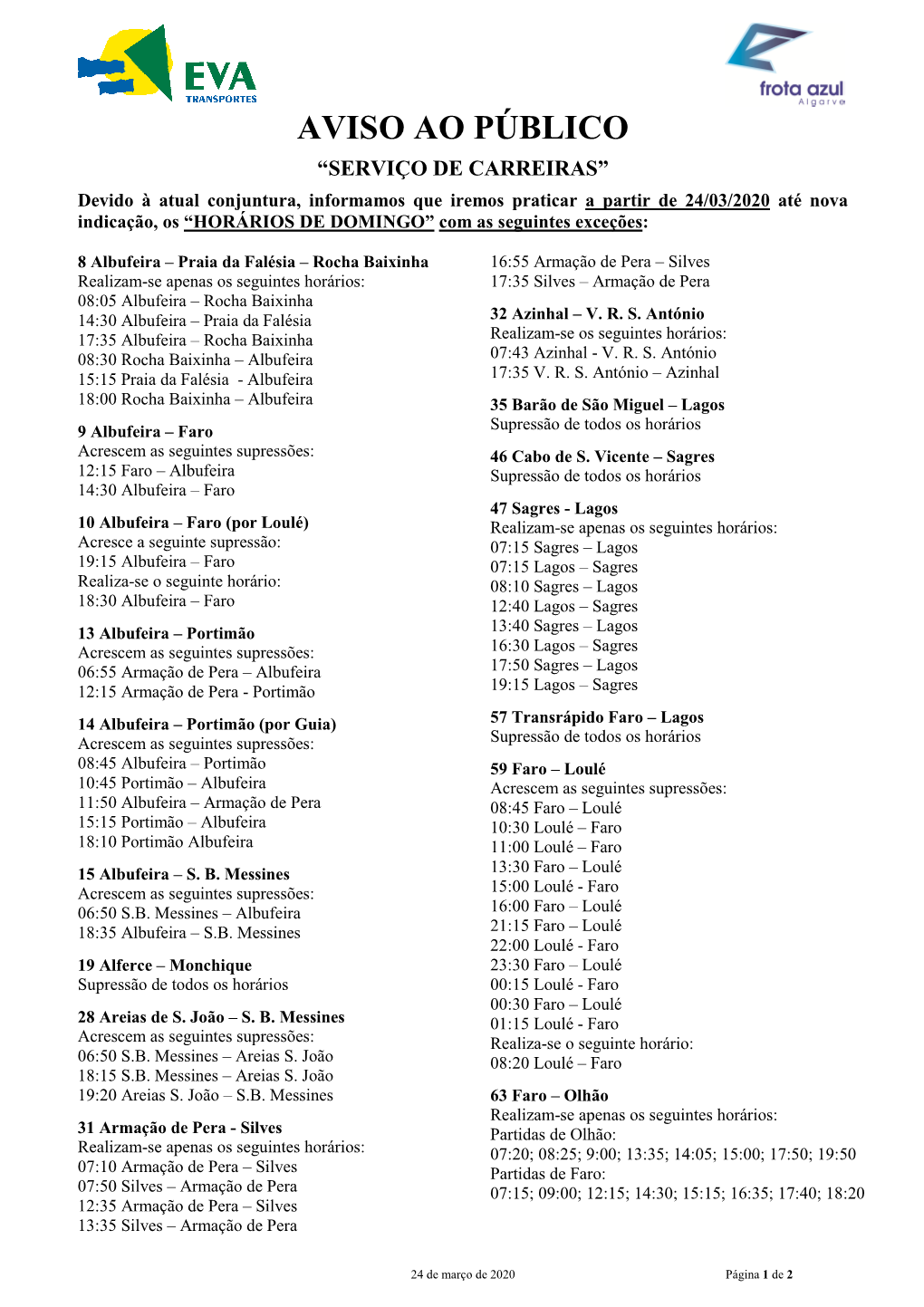 Alteração Praticar Horários De Domingo E Exceções a Partir 24-03-2020 V2