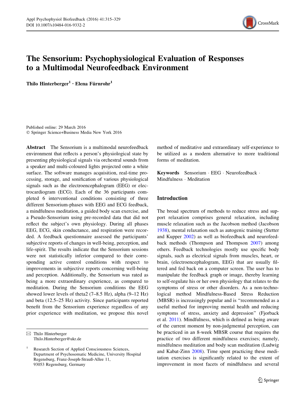 The Sensorium: Psychophysiological Evaluation of Responses to a Multimodal Neurofeedback Environment