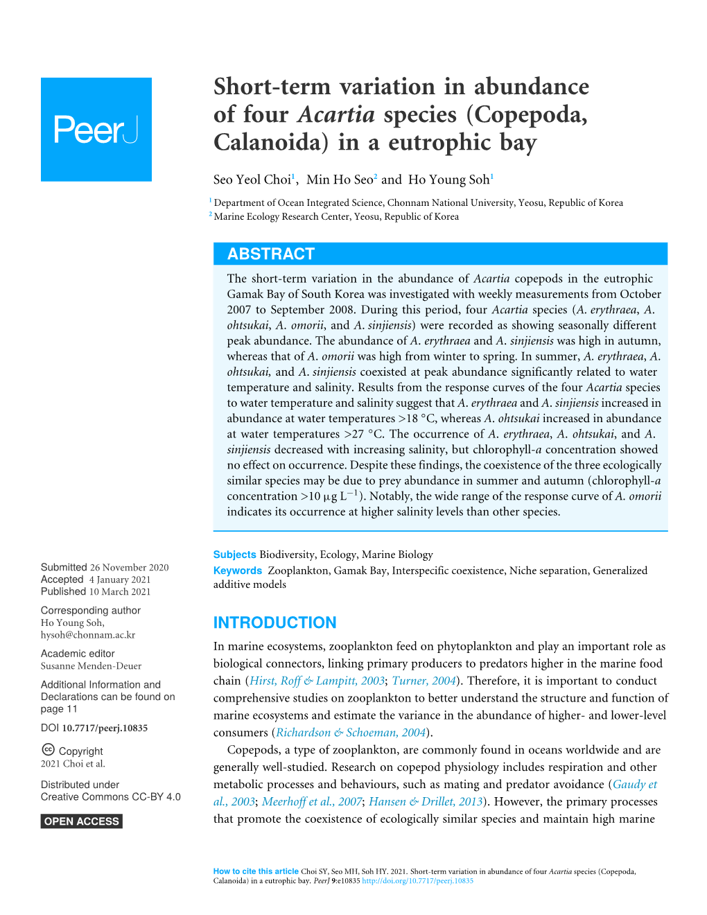 Copepoda, Calanoida) in a Eutrophic Bay