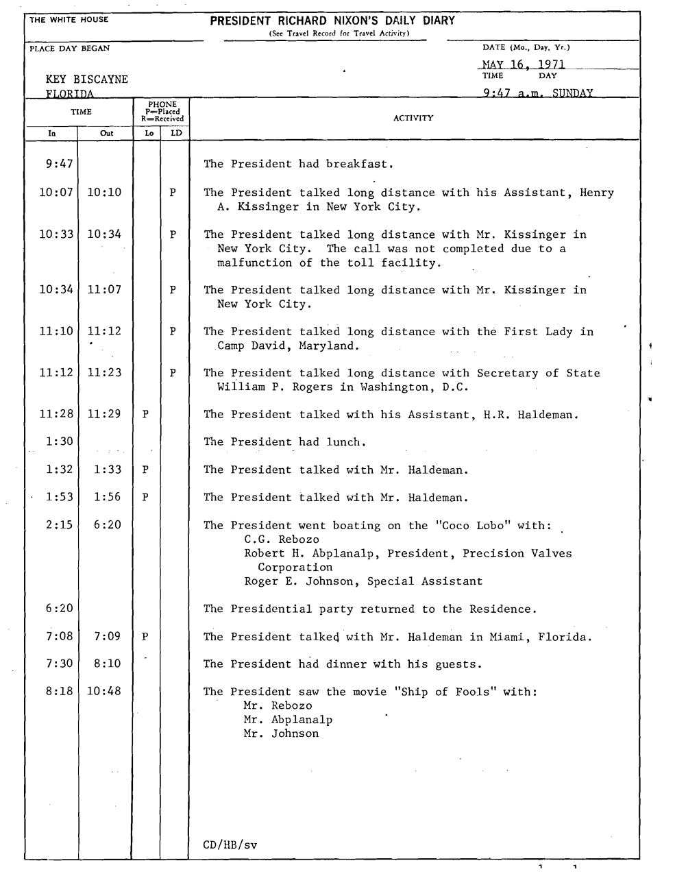 KEY BISCAYNE Jiay 16, 1971 9:47 the President Had