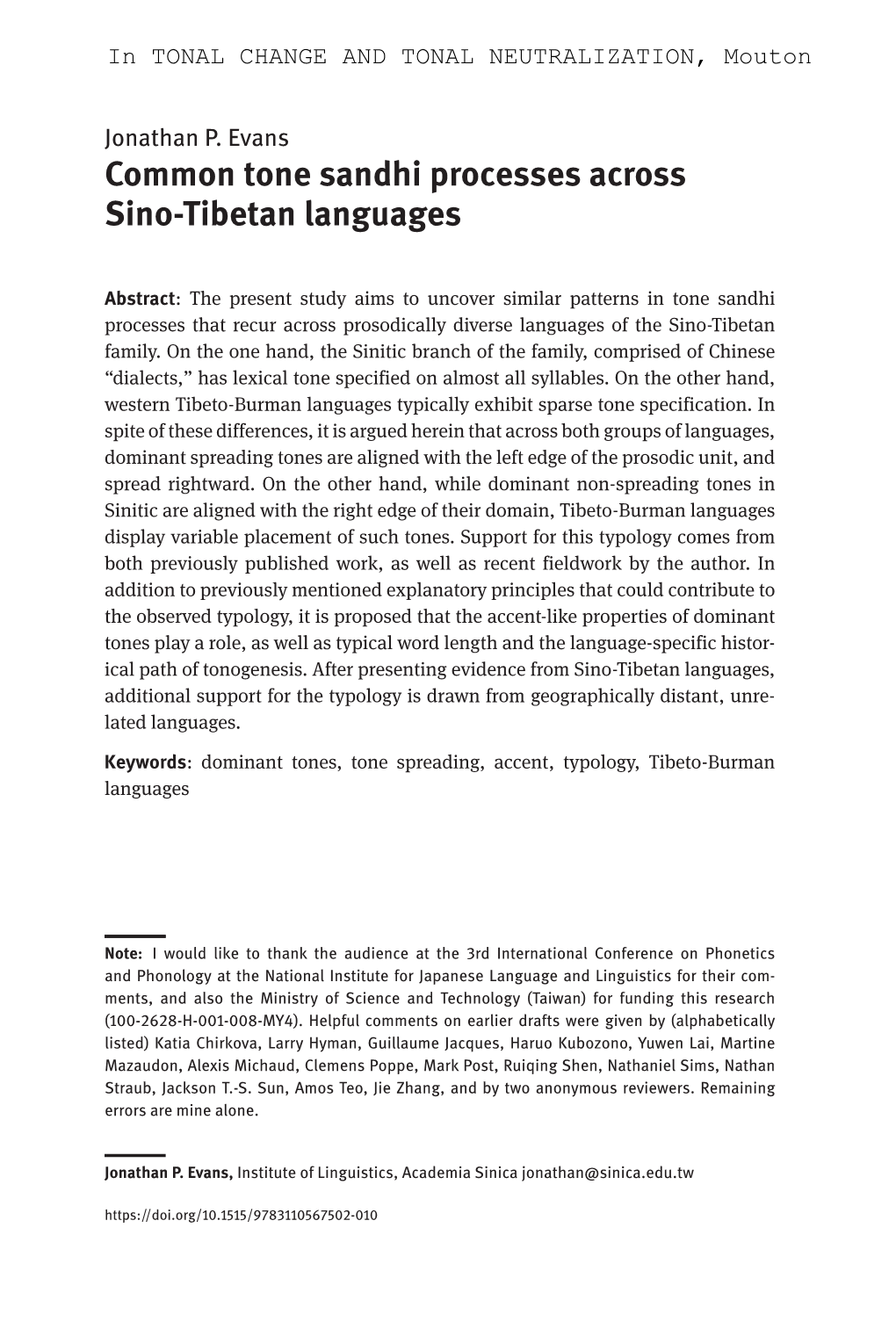 Common Tone Sandhi Processes Across Sino-Tibetan Languages