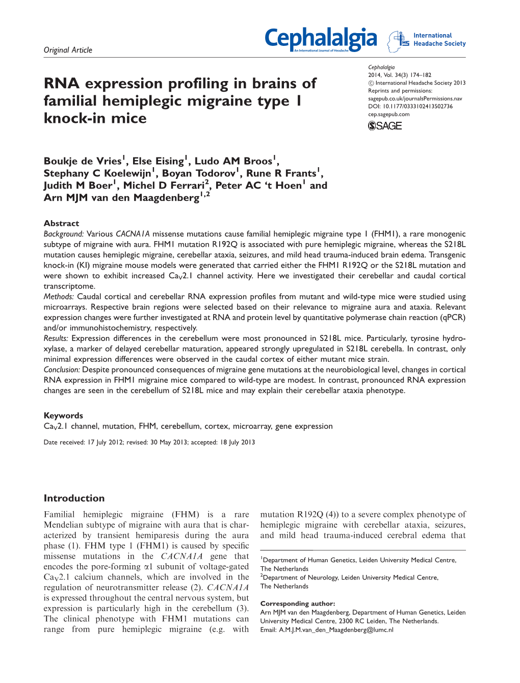 RNA Expression Profiling in Brains of Familial Hemiplegic Migraine Type 1