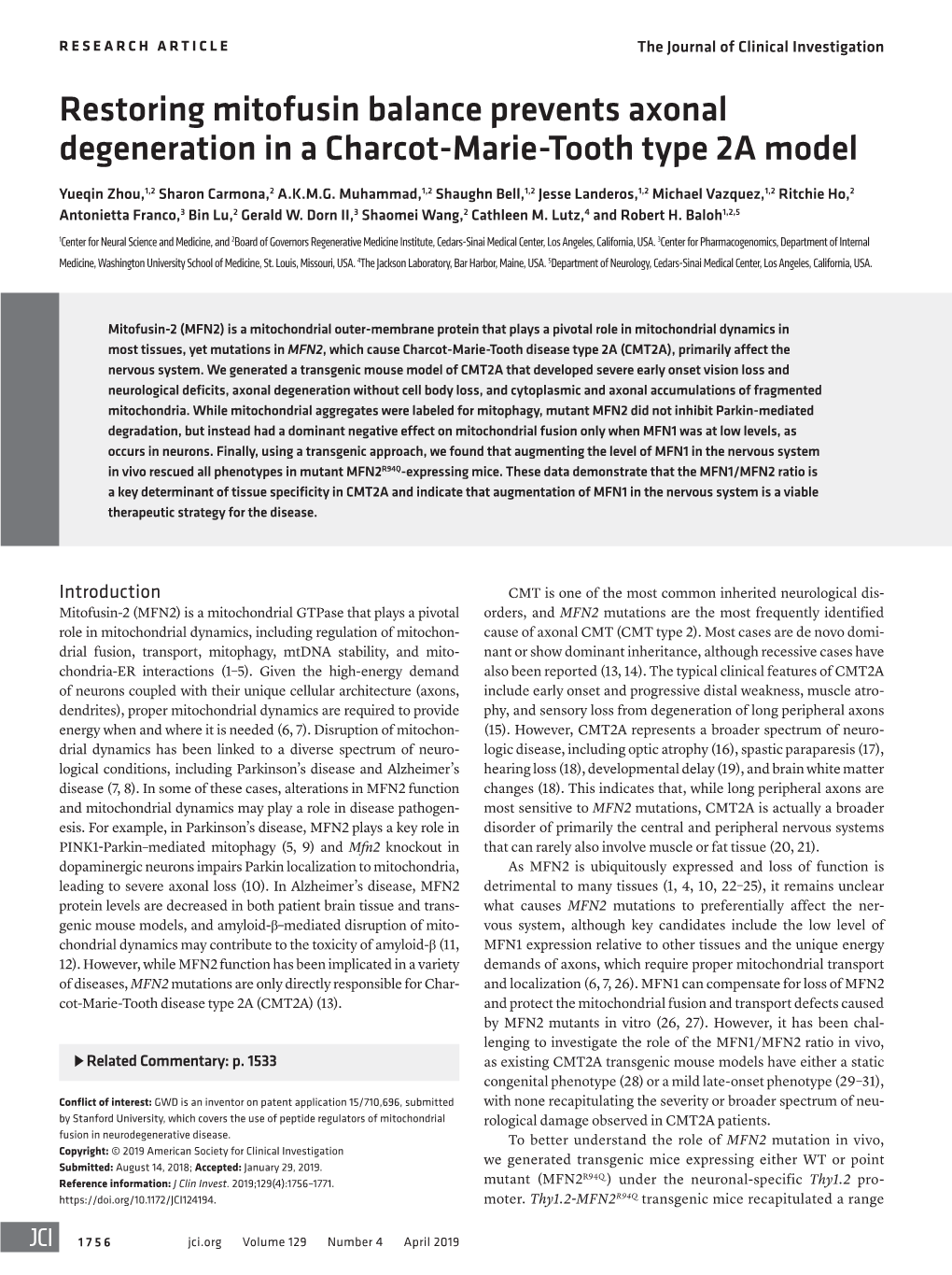 Restoring Mitofusin Balance Prevents Axonal Degeneration in a Charcot-Marie-Tooth Type 2A Model