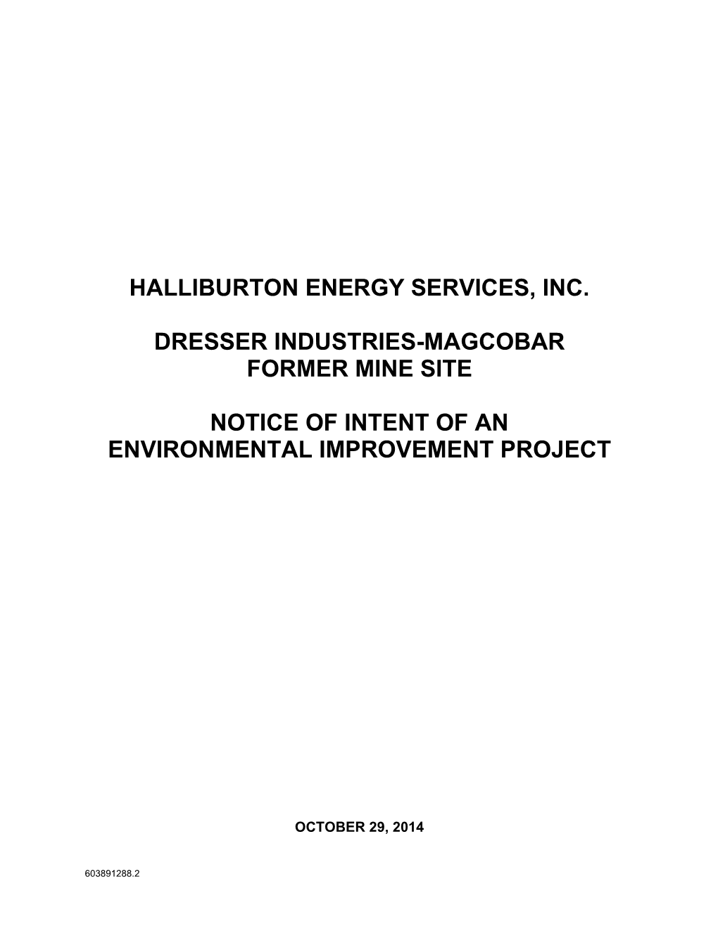 Halliburton Energy Services, Inc. Dresser Industries-Magcobar Former Mine Site Notice of Intent of an Environmental Improvement Project