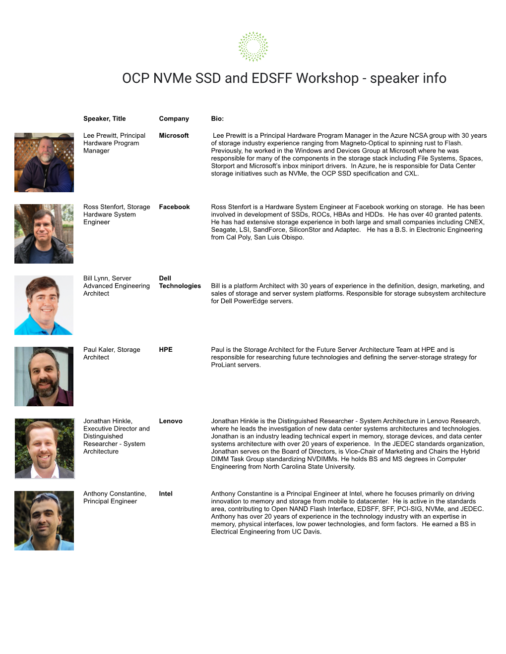 OCP Nvme SSD and EDSFF Workshop - Speaker Info