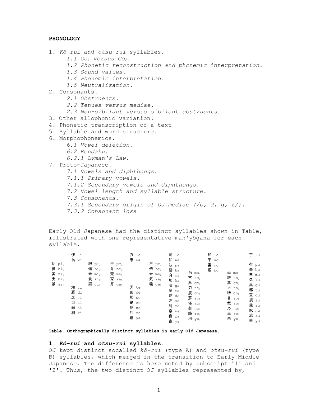 1 PHONOLOGY 1. Kô-Rui and Otsu-Rui Syllables. 1.1 Co1 Versus Co2. 1.2