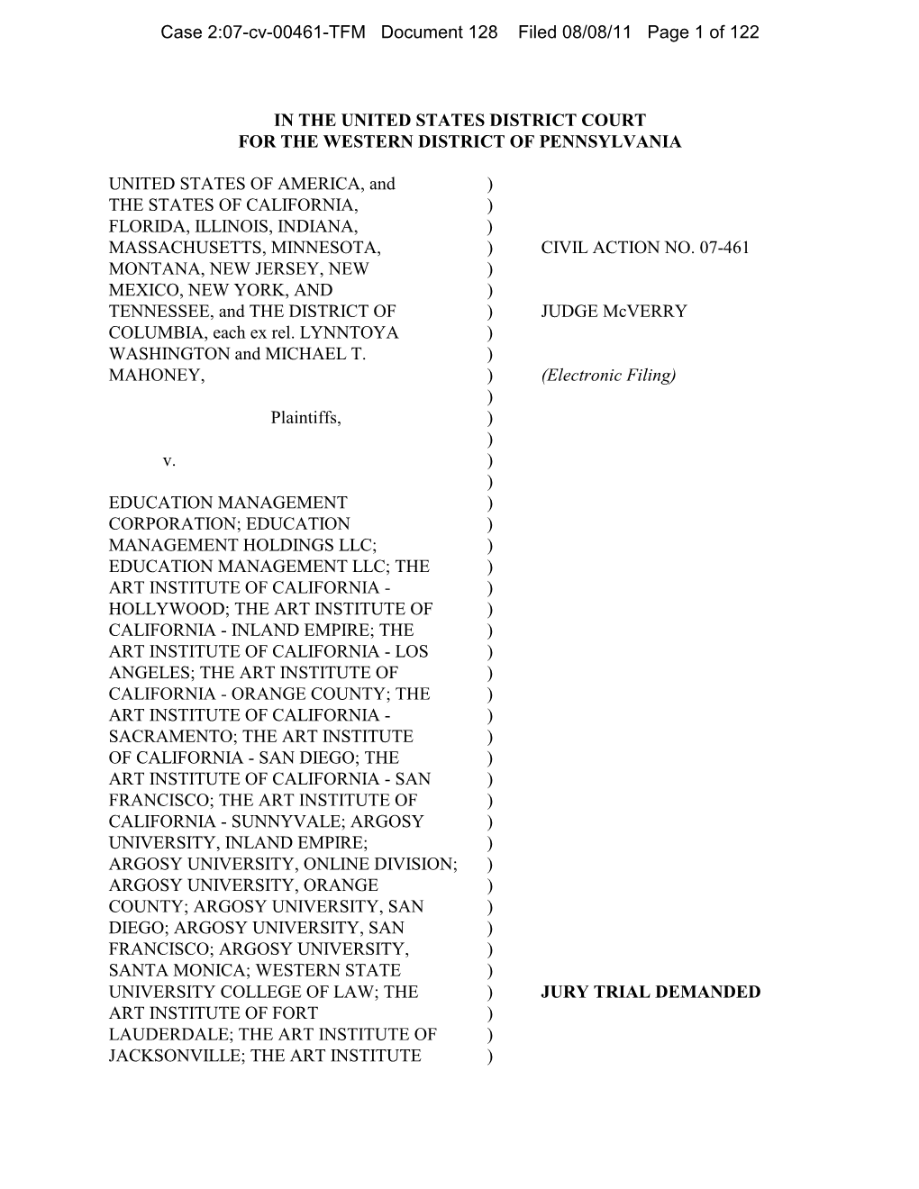 Case 2:07-Cv-00461-TFM Document 128 Filed 08/08/11 Page 1 of 122