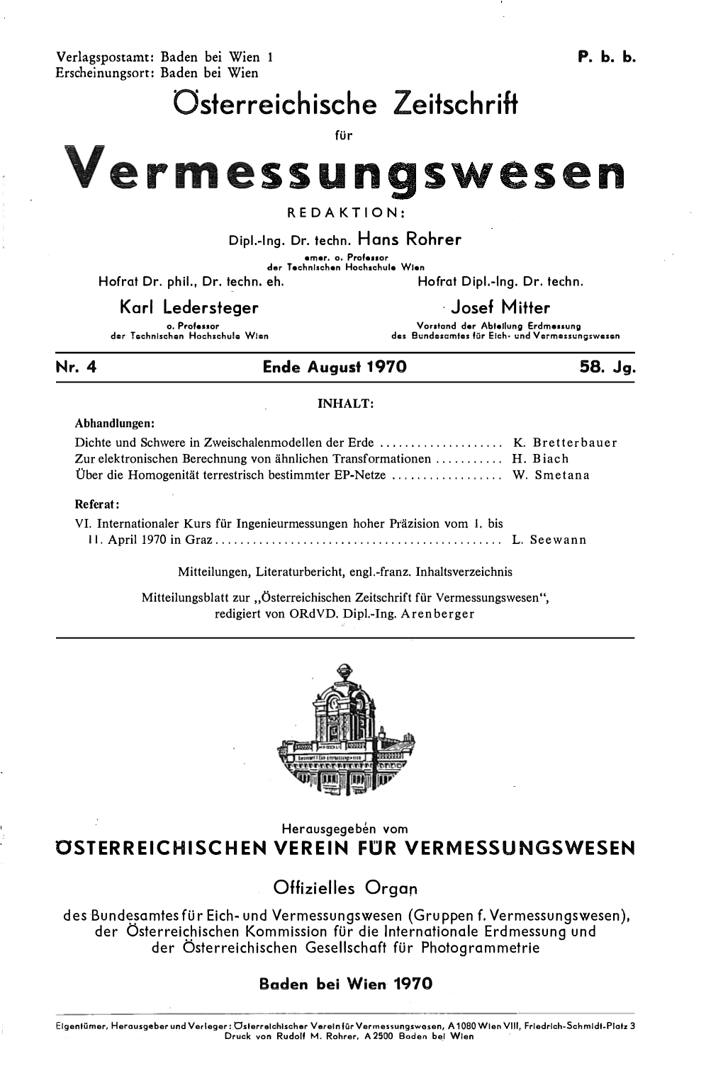 Österreichische Zeitschrift Für Vermessungswesen, Heft 4/1970