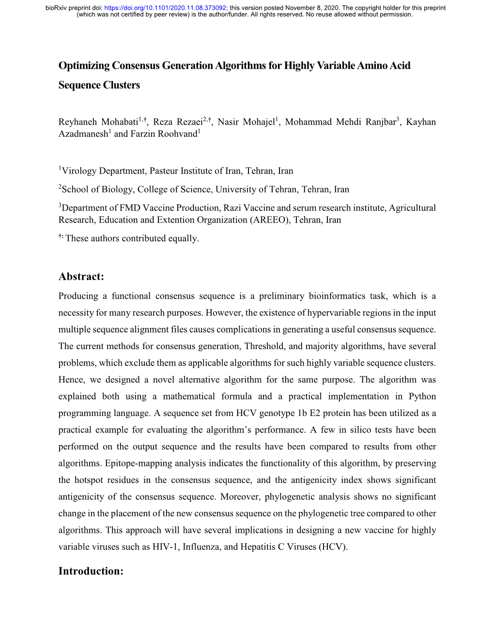 Optimizing Consensus Generation Algorithms for Highly Variable Amino Acid Sequence Clusters