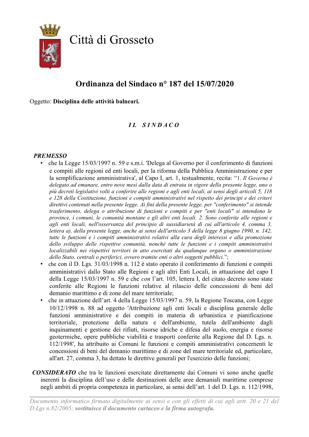 Ordinanza Del Sindaco N. 187 Del 15/07/2020