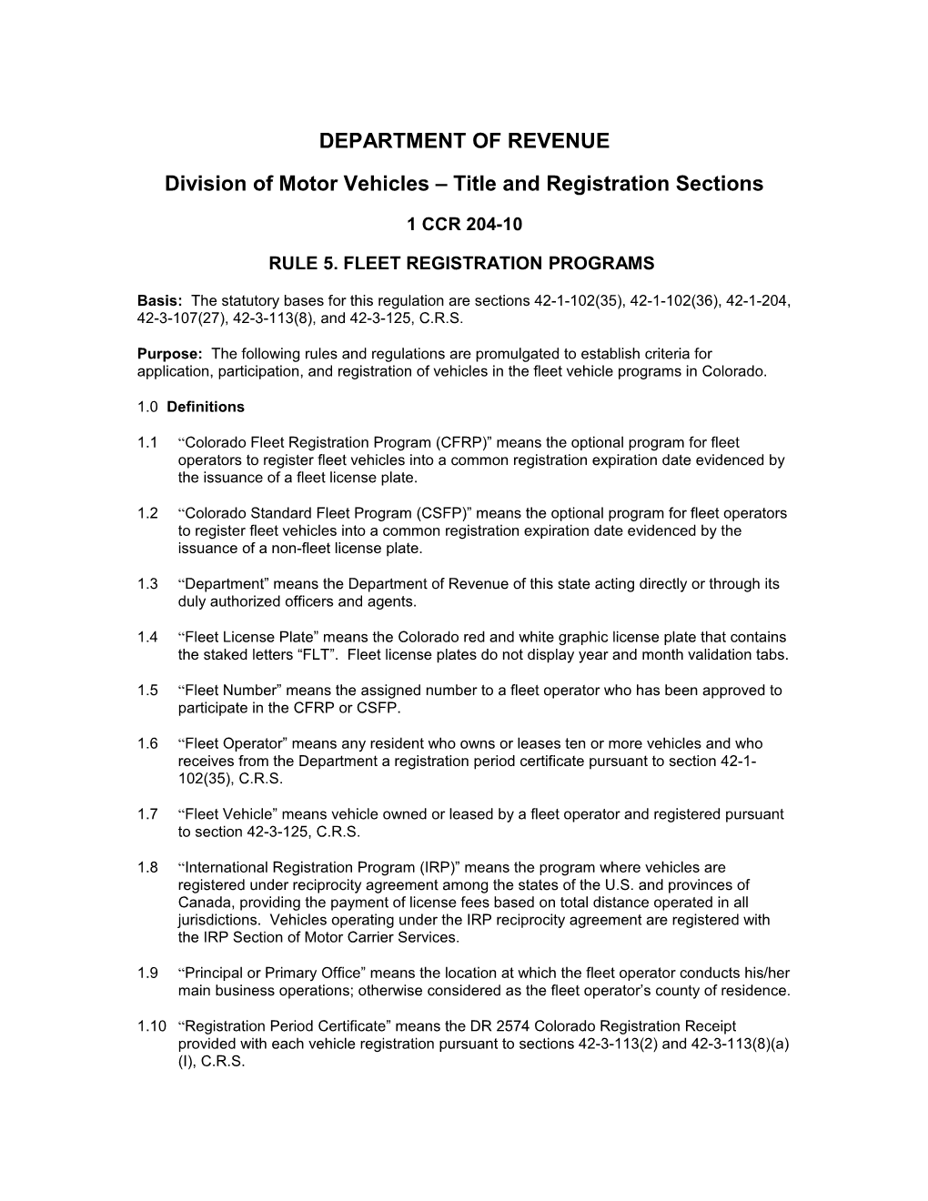 Colorado Fleet Registration Program Rules