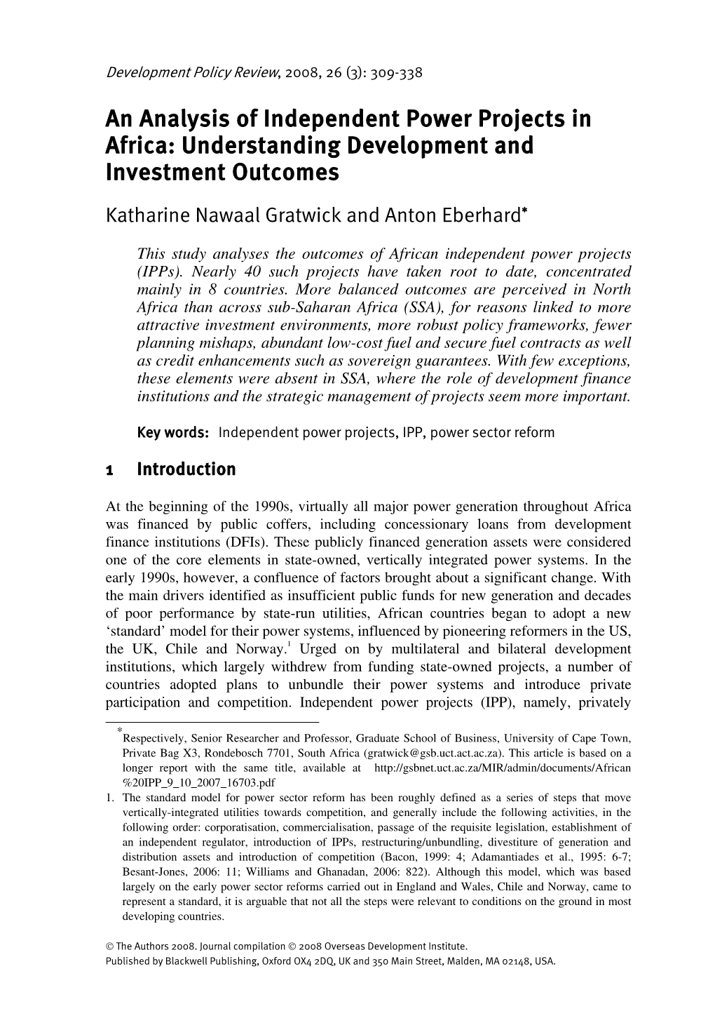 An Analysis of Independent Power Projects in Africa: Understanding Development and Investment Outcomes