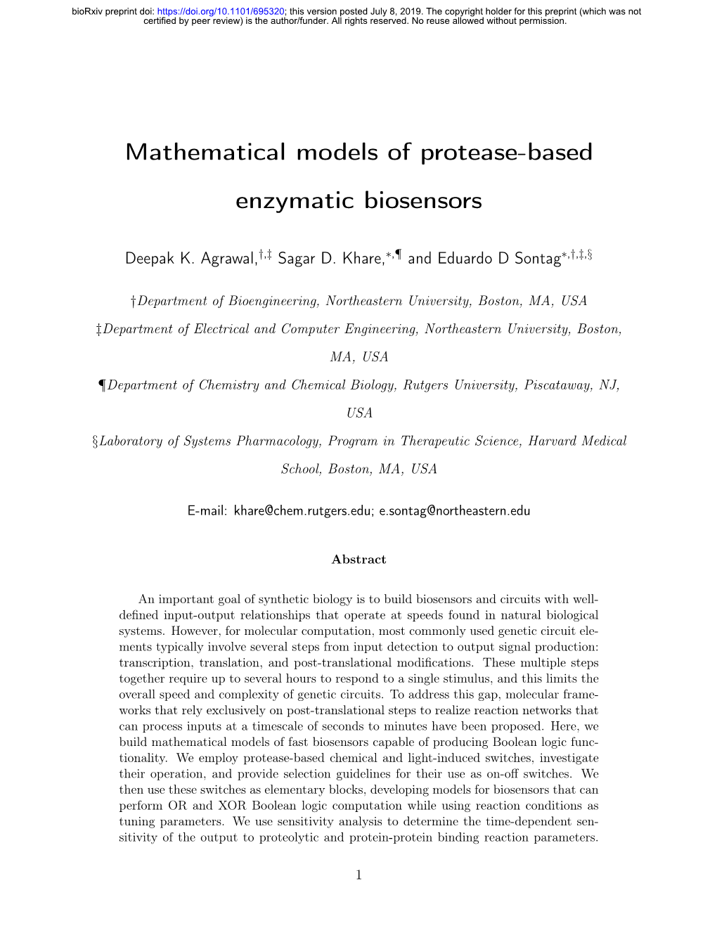 Mathematical Models of Protease-Based Enzymatic Biosensors