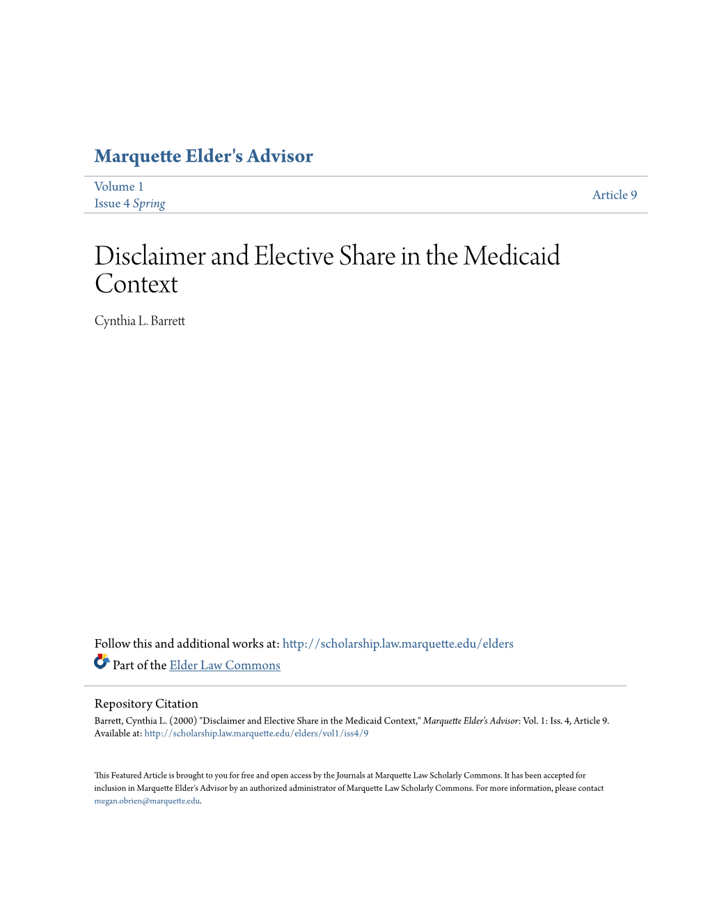 Disclaimer and Elective Share in the Medicaid Context Cynthia L