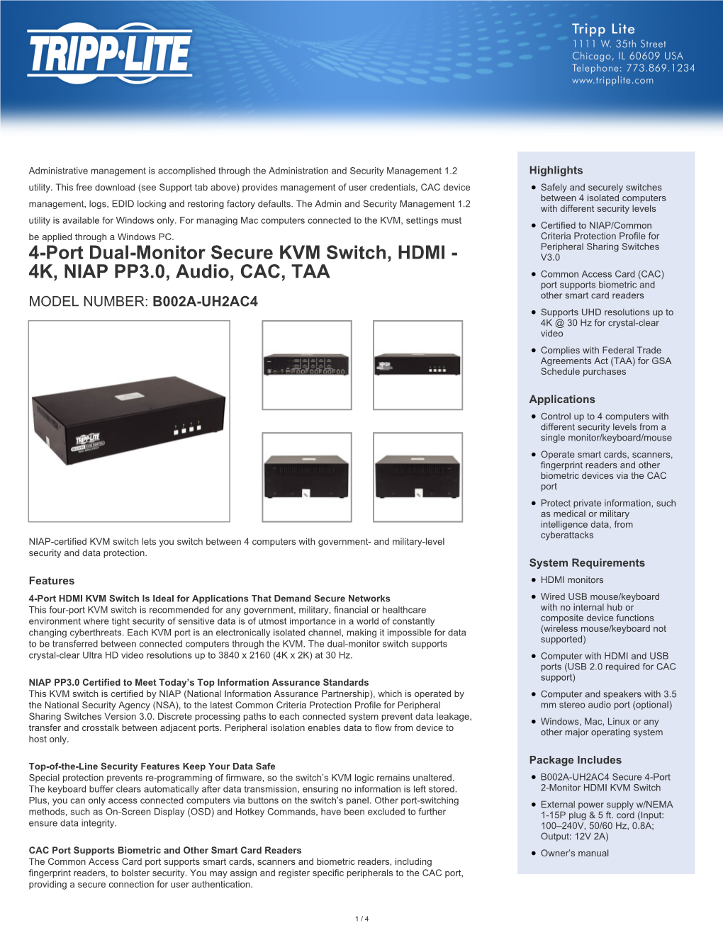4-Port Dual-Monitor Secure KVM Switch, HDMI