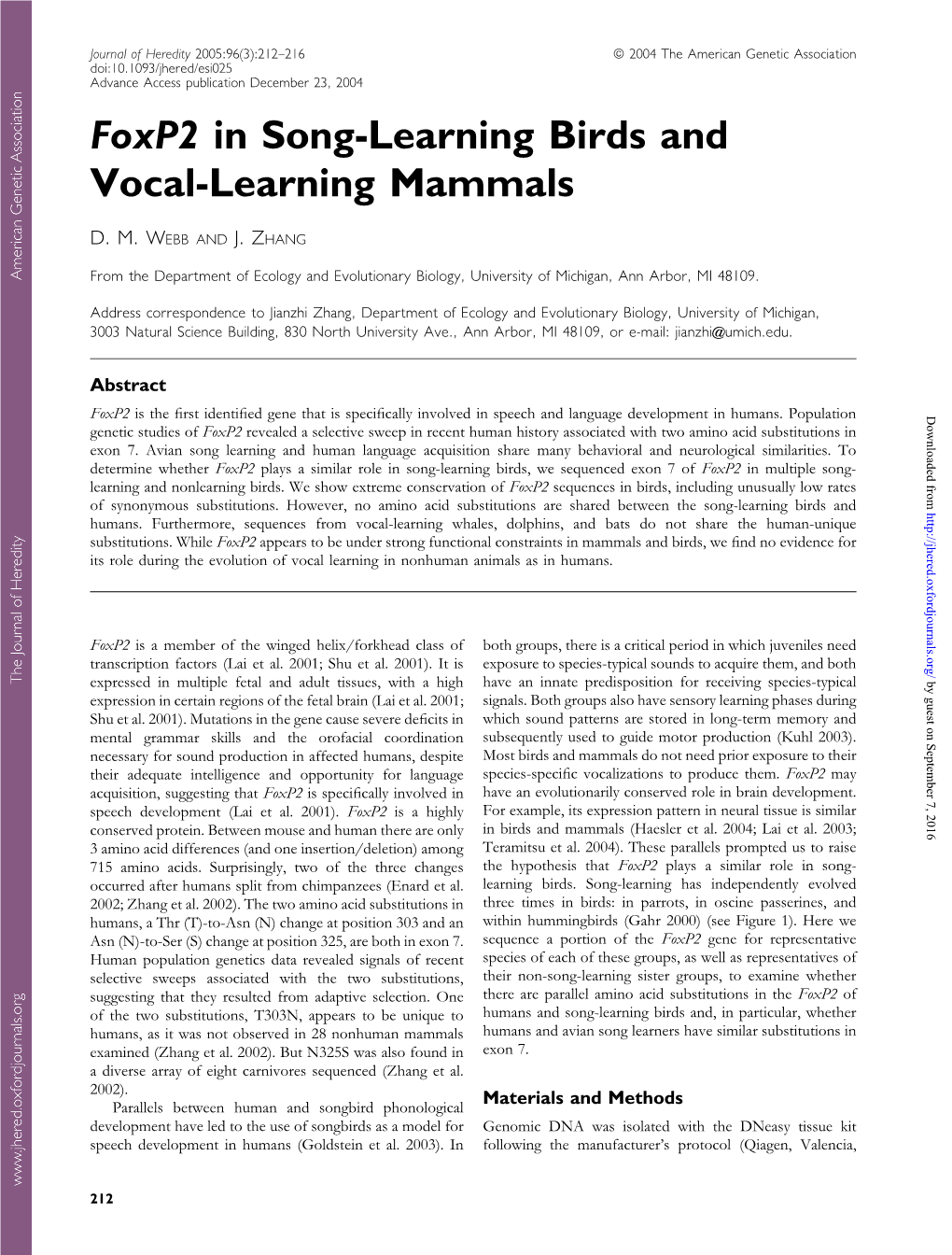 Foxp2 in Song-Learning Birds and Vocal-Learning Mammals