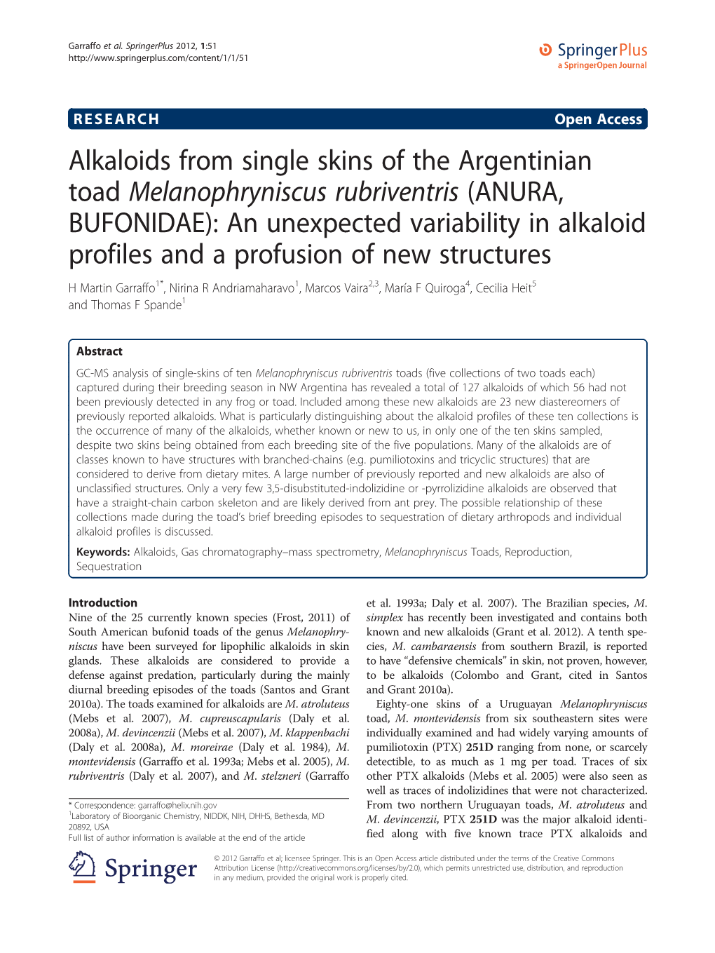 Alkaloids from Single Skins of the Argentinian Toad Melanophryniscus Rubriventris (ANURA, BUFONIDAE): an Unexpected Variability